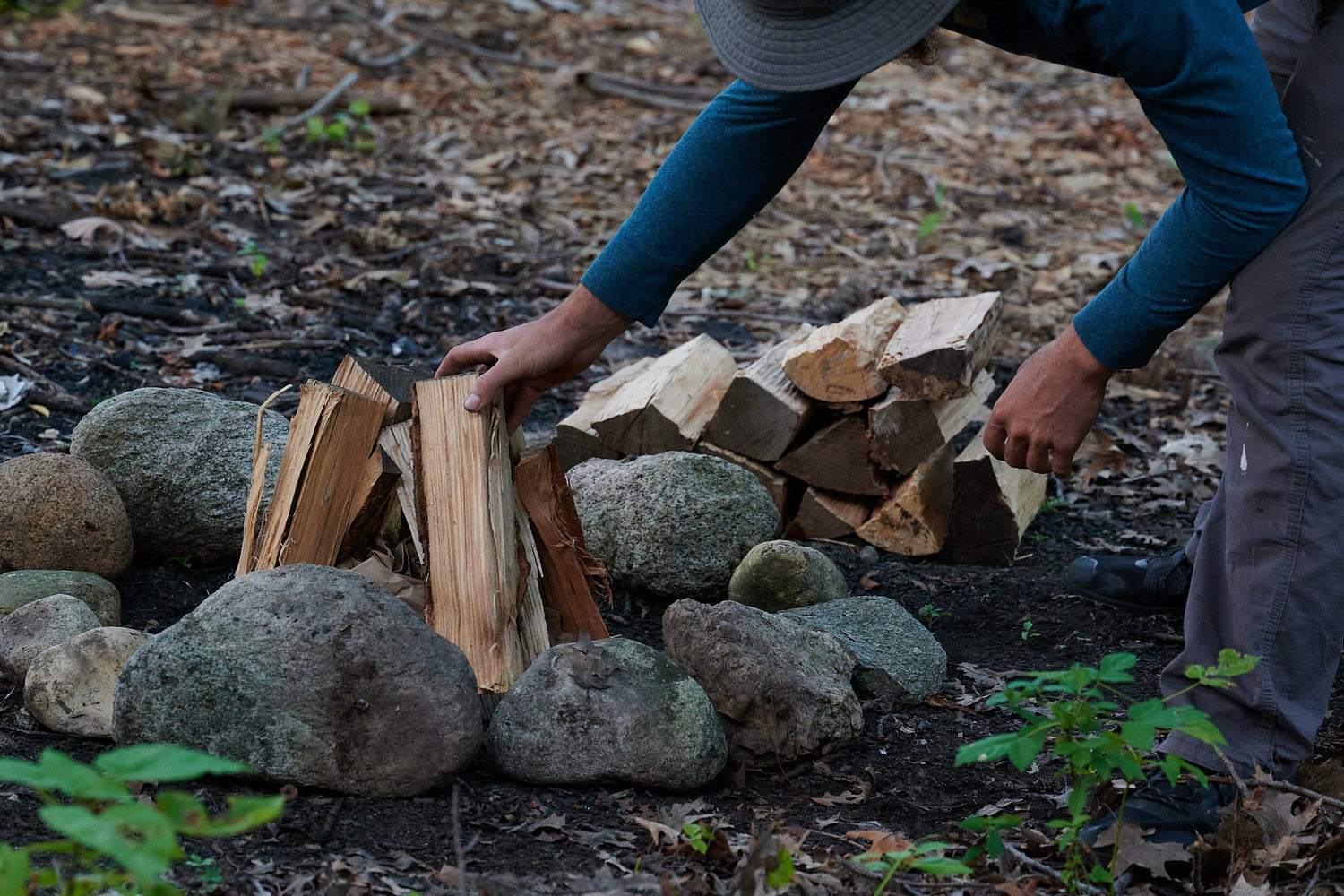 Building a campfire in the woods