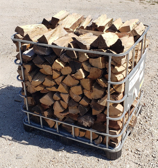 Front angle view of double stack firewood crate outside in the sun