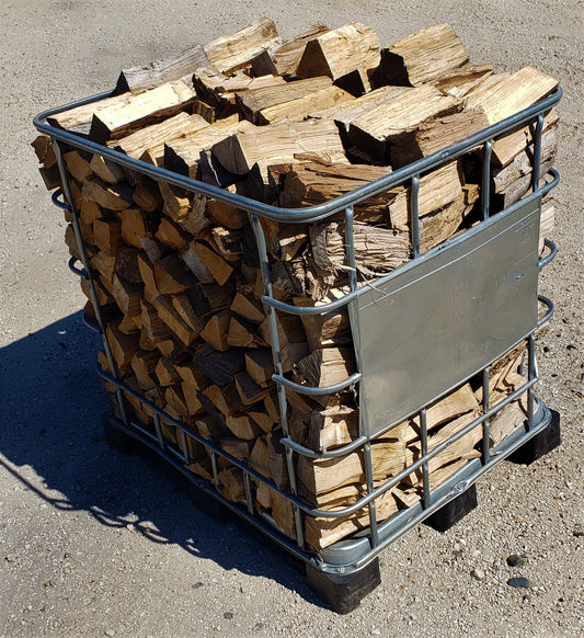 Top corner view of triple stack firewood crate outside in the sun